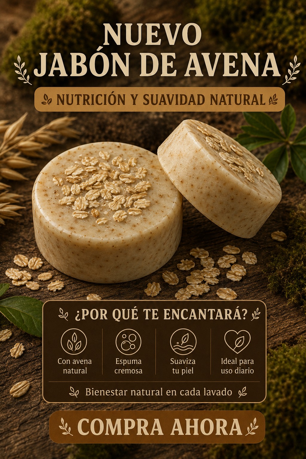 Póster del jabón de avena de Villa Luz: nutrición y suavidad natural — con avena natural, espuma cremosa, suaviza tu piel, ideal para uso diario