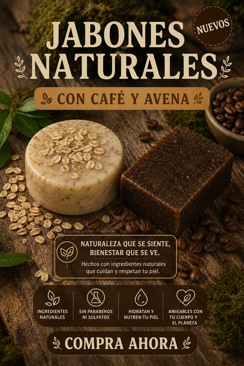 Póster de la línea de jabones naturales de café y avena de Villa Luz: nuevos, con ingredientes naturales, sin parabenos ni sulfatos, hidratan y nutren tu piel