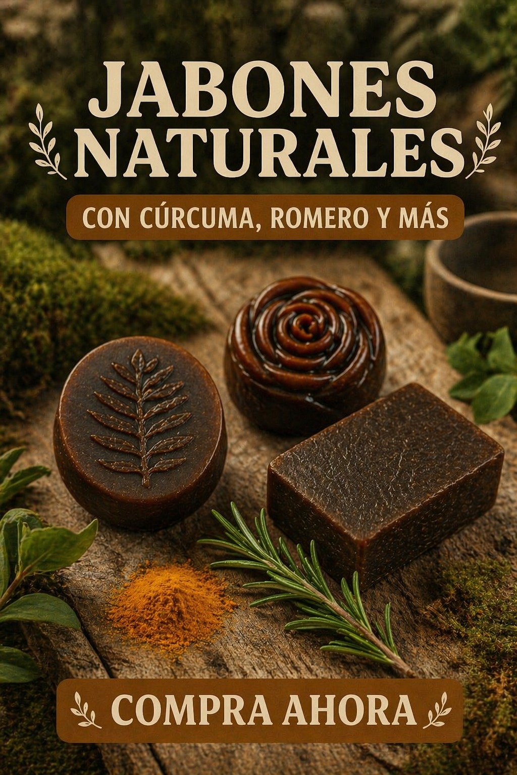 Póster de la línea de jabones naturales de cúrcuma, romero y más de Villa Luz
